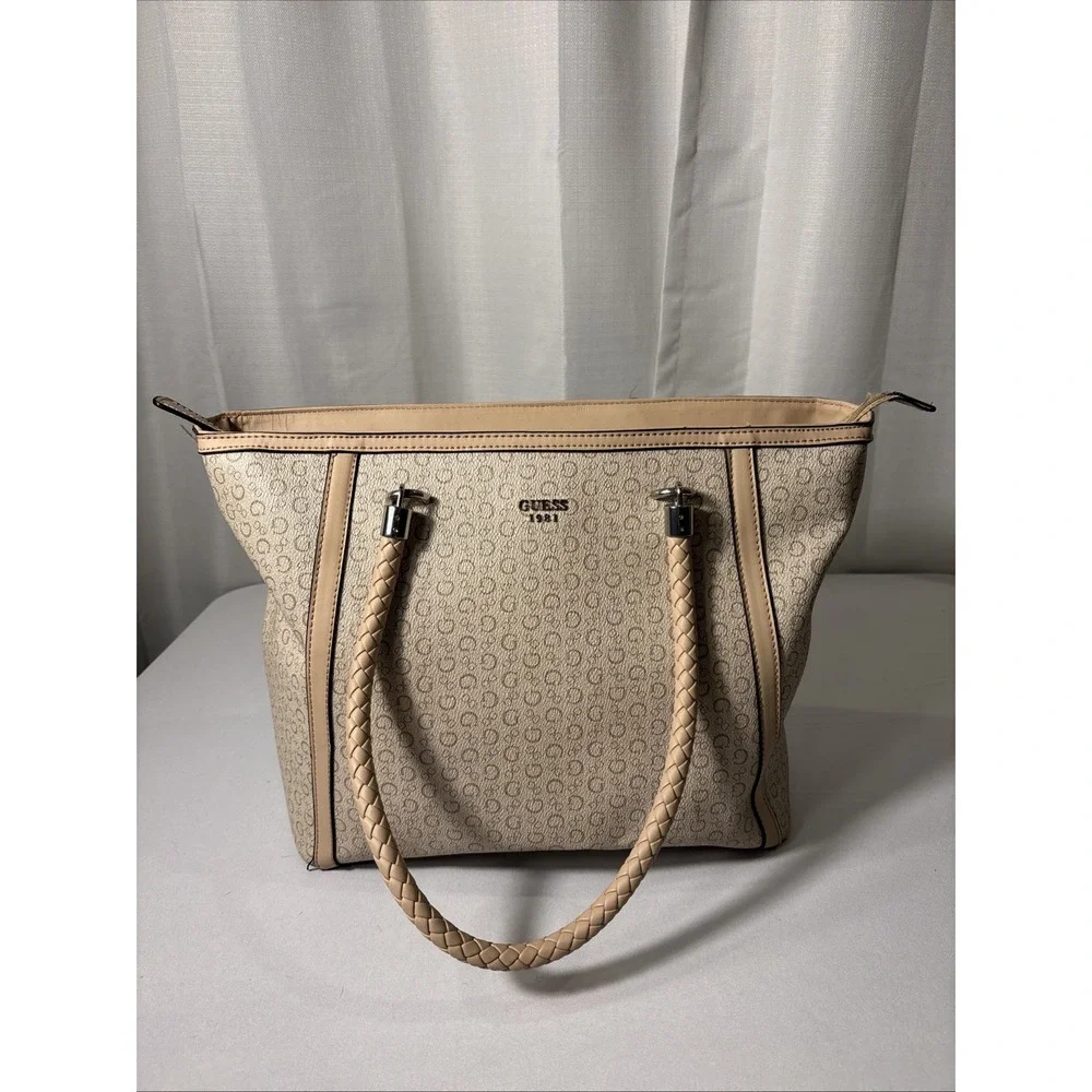 Guess Handbag Purse Satchel Beige Tan 1981 Rope Handle Design Classic